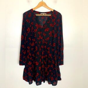 Loft Long Sleeves Ditsy Floral Midi Dress Size M Black & Red Split Neck Tiered